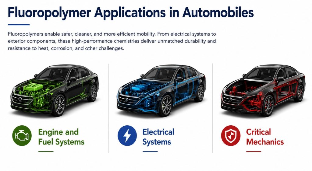 Infographic illustrating fluoropolymer applications in automobiles, highlighting engine and fuel systems, electrical systems, and critical mechanics with color-coded vehicle diagrams.