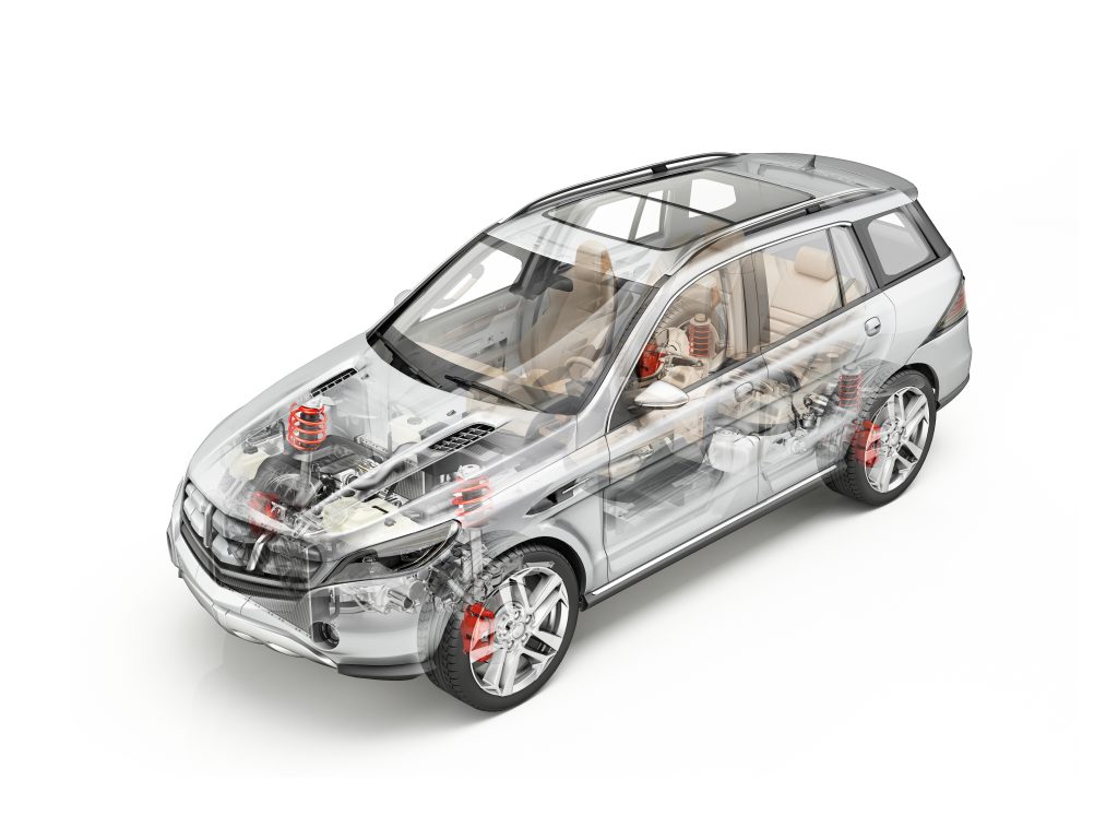 Generic Suv car detailed cutaway 3D realistic rendering. Soft look. With all main details in ghost effect. On white background. Clipping path included.