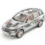 Generic Suv car detailed cutaway 3D realistic rendering. Soft look. With all main details in ghost effect. On white background. Clipping path included.